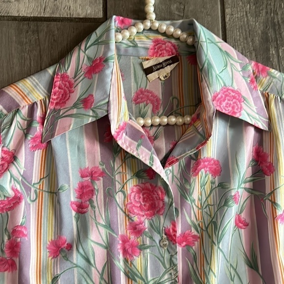 Vintage Neiman Marcus pastel stripe floral bouquet button-down cotton shirt - Picture 4 of 6